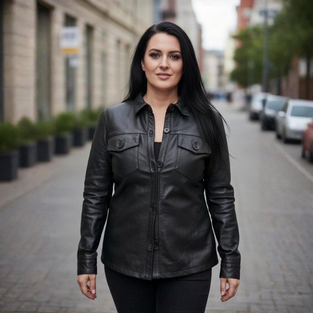 LA Marey ✦ Genuine Lambskin Leather Shacket ✦ Black Button-Up Jacket L NWT